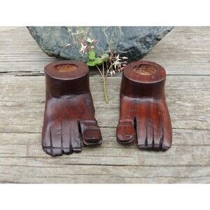 Vintage Handcarved Hardwood Feet Candlesticks , Folk Art Candle Holders